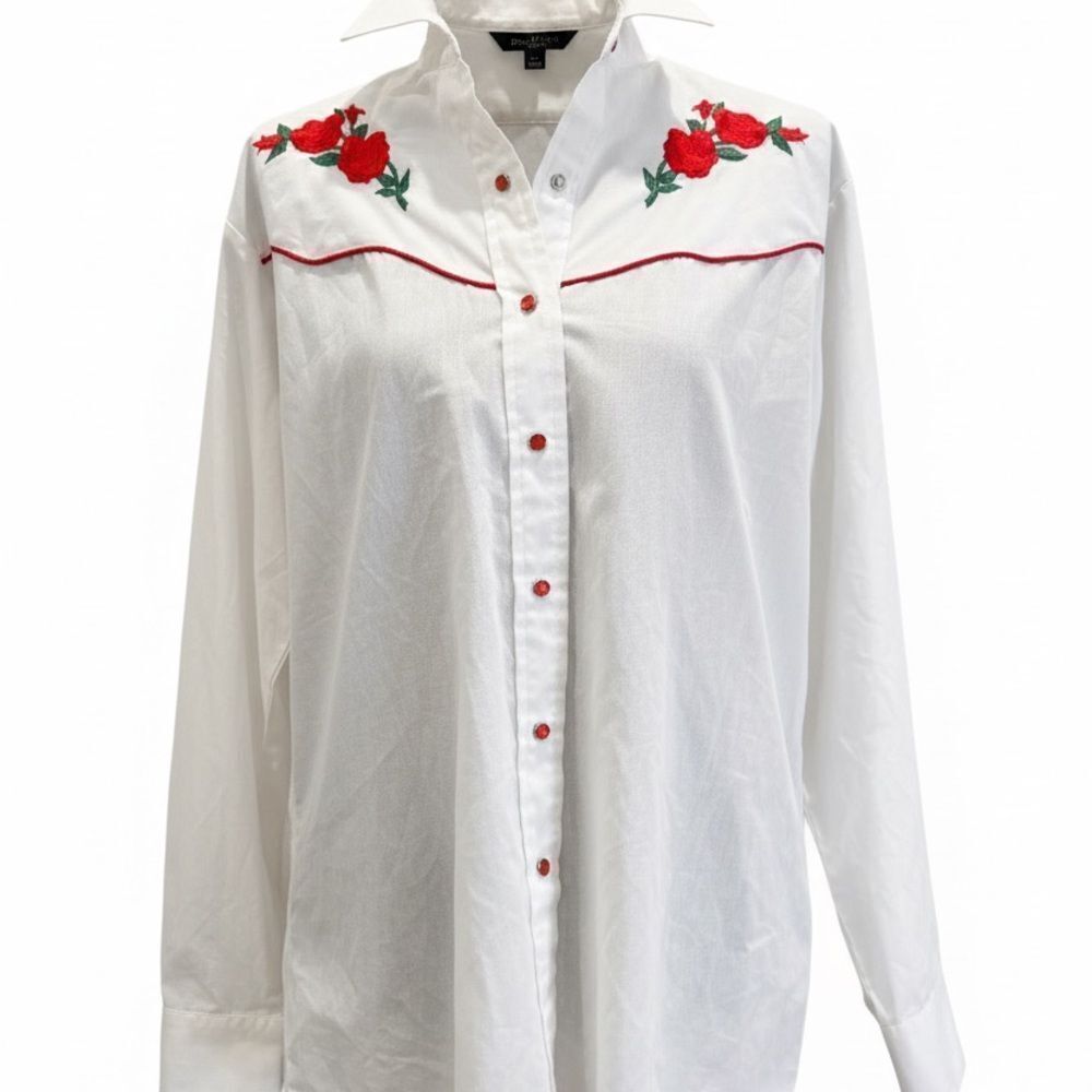 ⸻

Ely Country Charmers White Western Shirt – Red Rose Embroidery – Long Sleeve